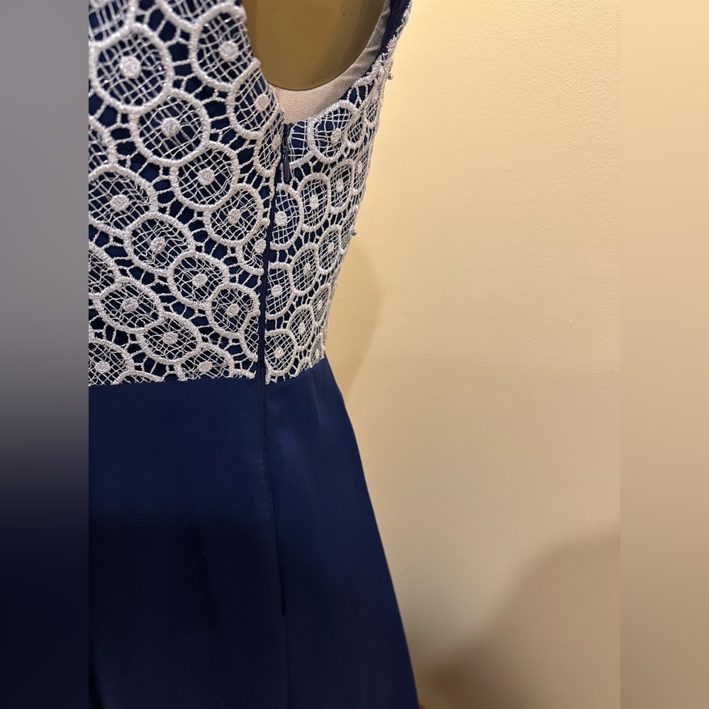 Navy blue women’s midi dress, with silver lace - Picture 3 of 5